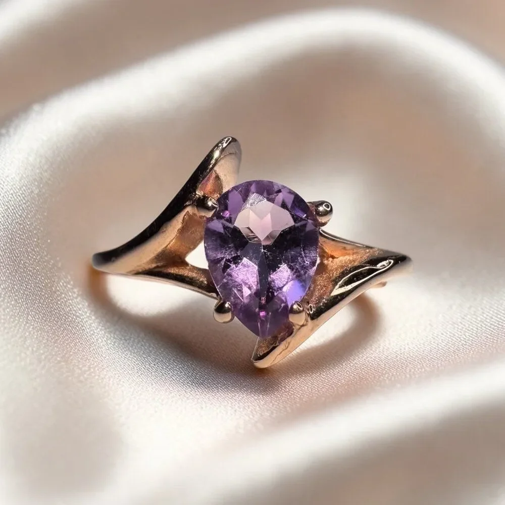 ESTATE- 10K Rose Gold Amethyst Ring -Solitaire Bypass -Size 6 -Pear Cut - 2.2g